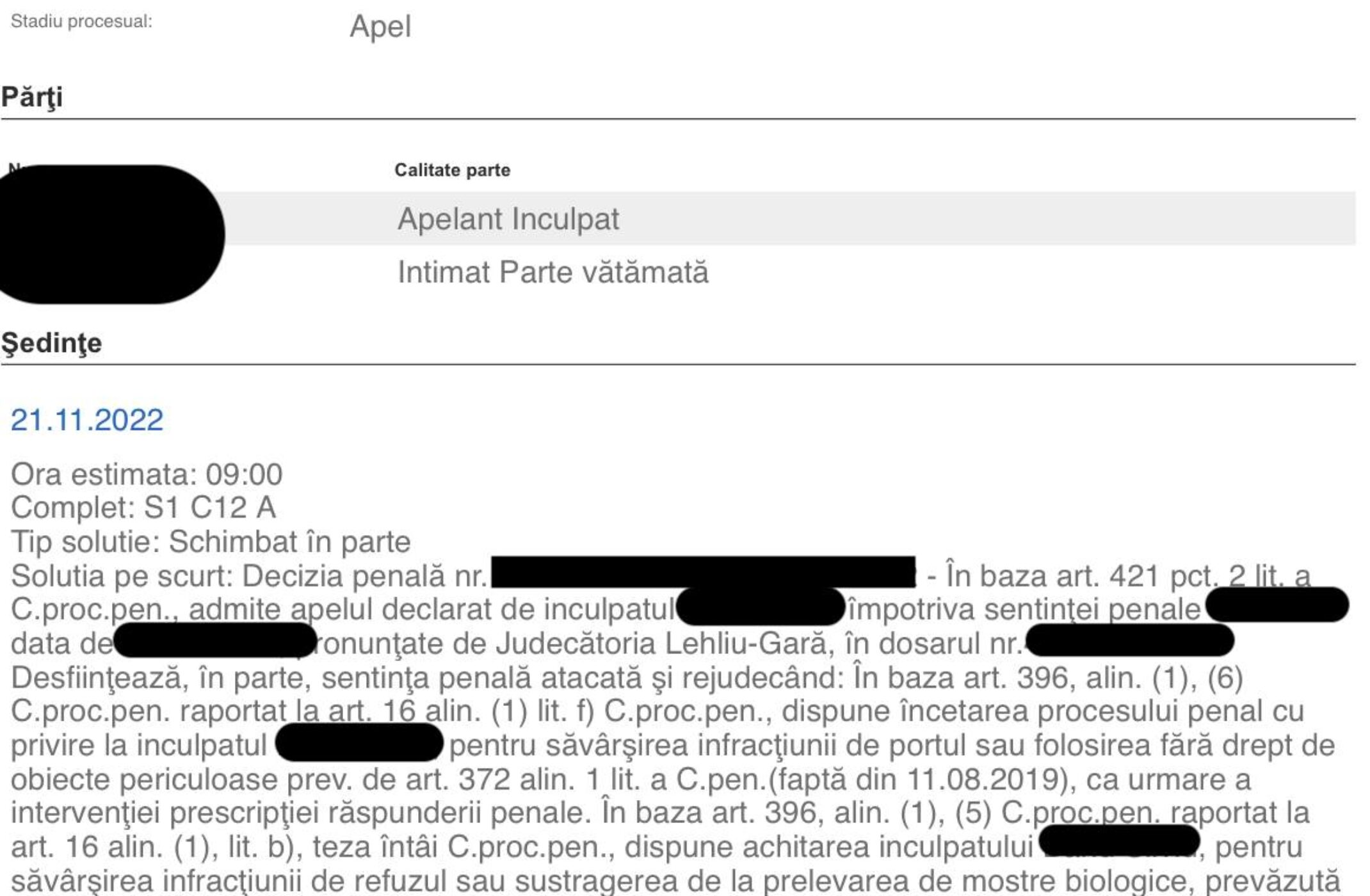 Admis apel. Achitare. Încetare proces penal pentru intervenirea prescripției răspunderii penale. Definitivă.