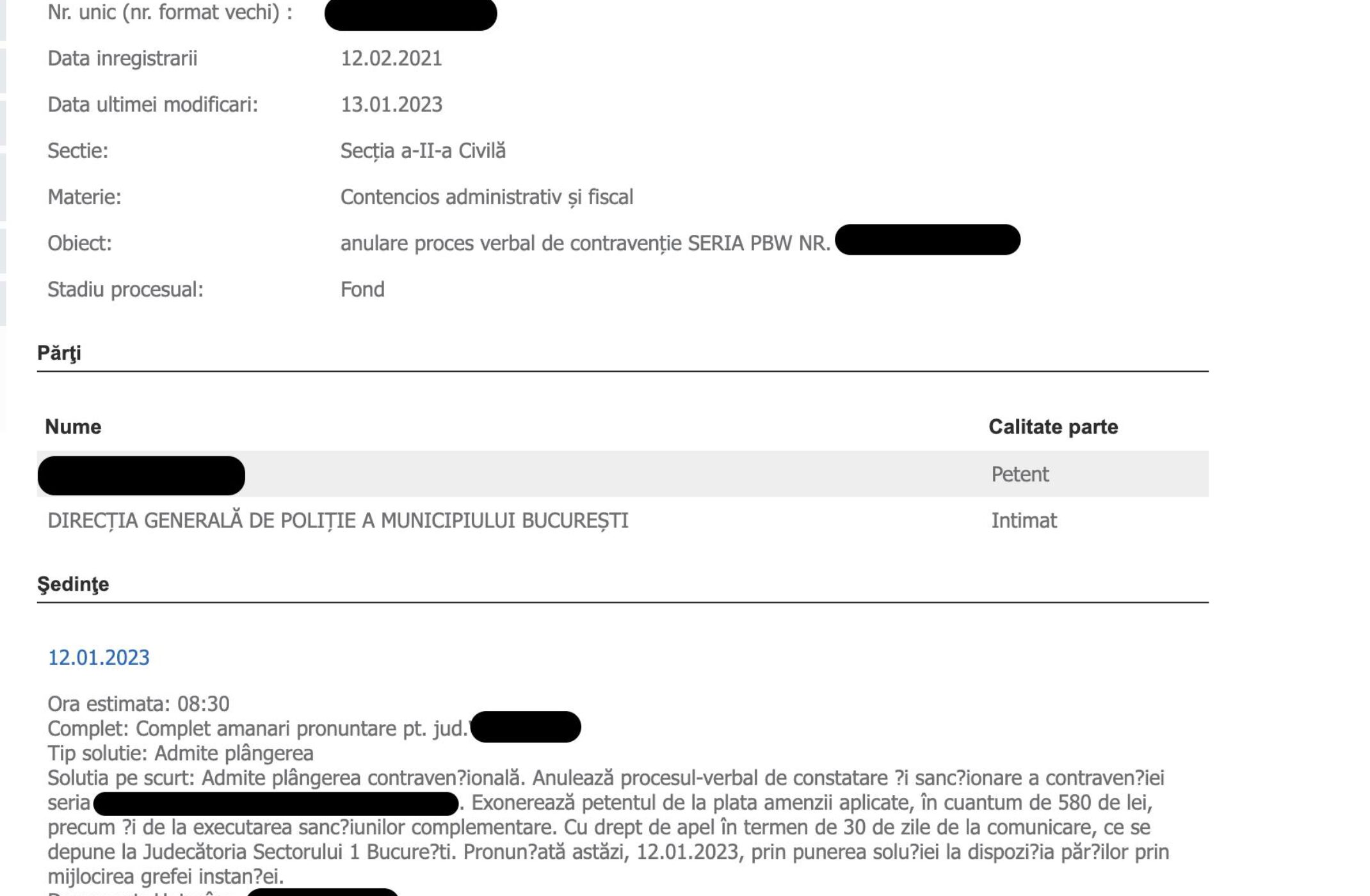 Plangere contravențională admisă